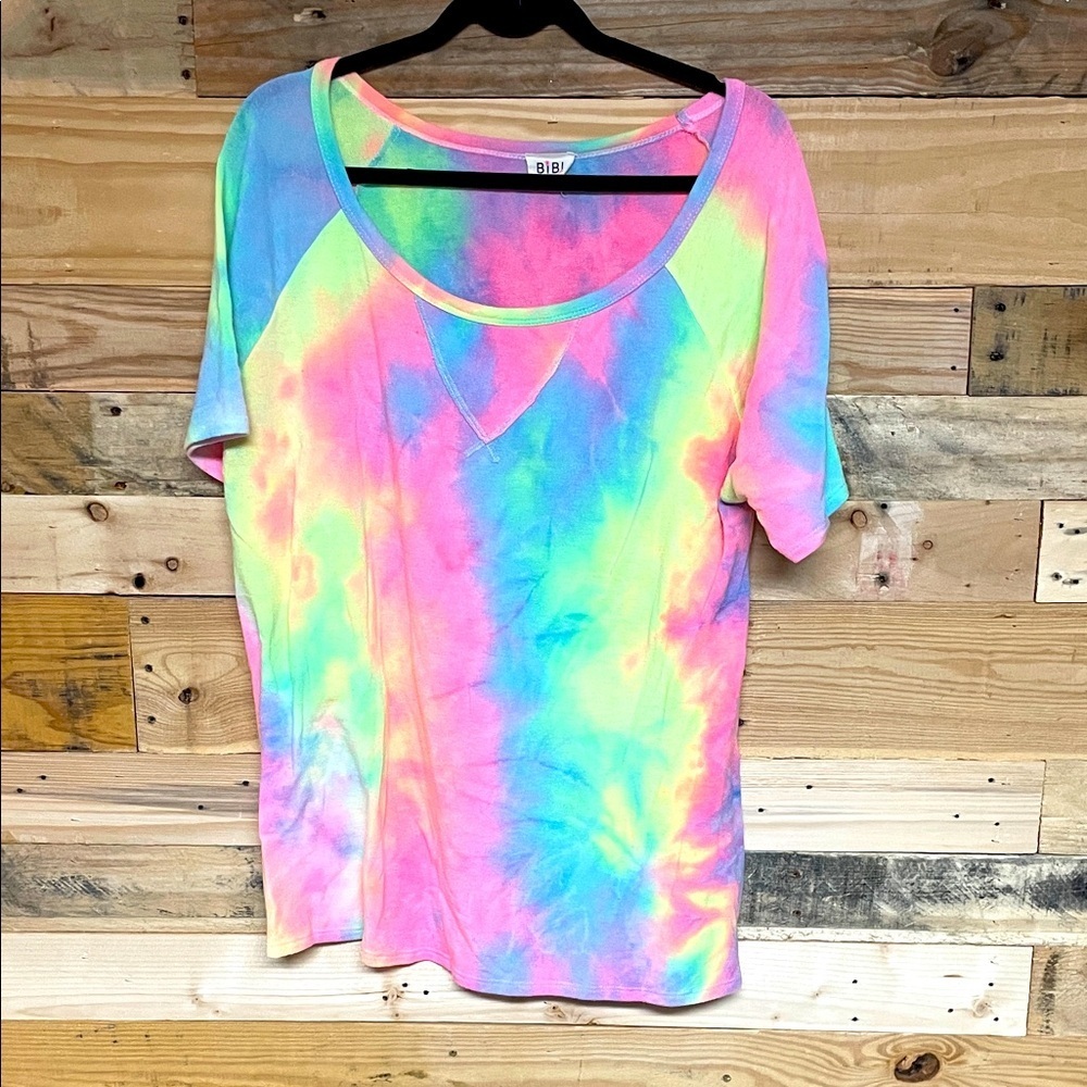 BiBi size XL Colorful Neon Tie-Dye Short Sleeve Terrycloth Scoop-neck Shirt